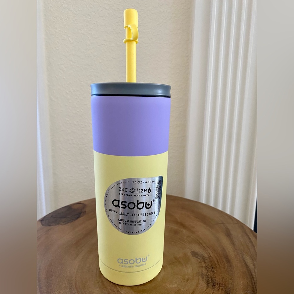 Asobu Superb Sippy Vacuum Insulated Tumbler. 20 OZ/600 ML. Yellow/purple/gray.